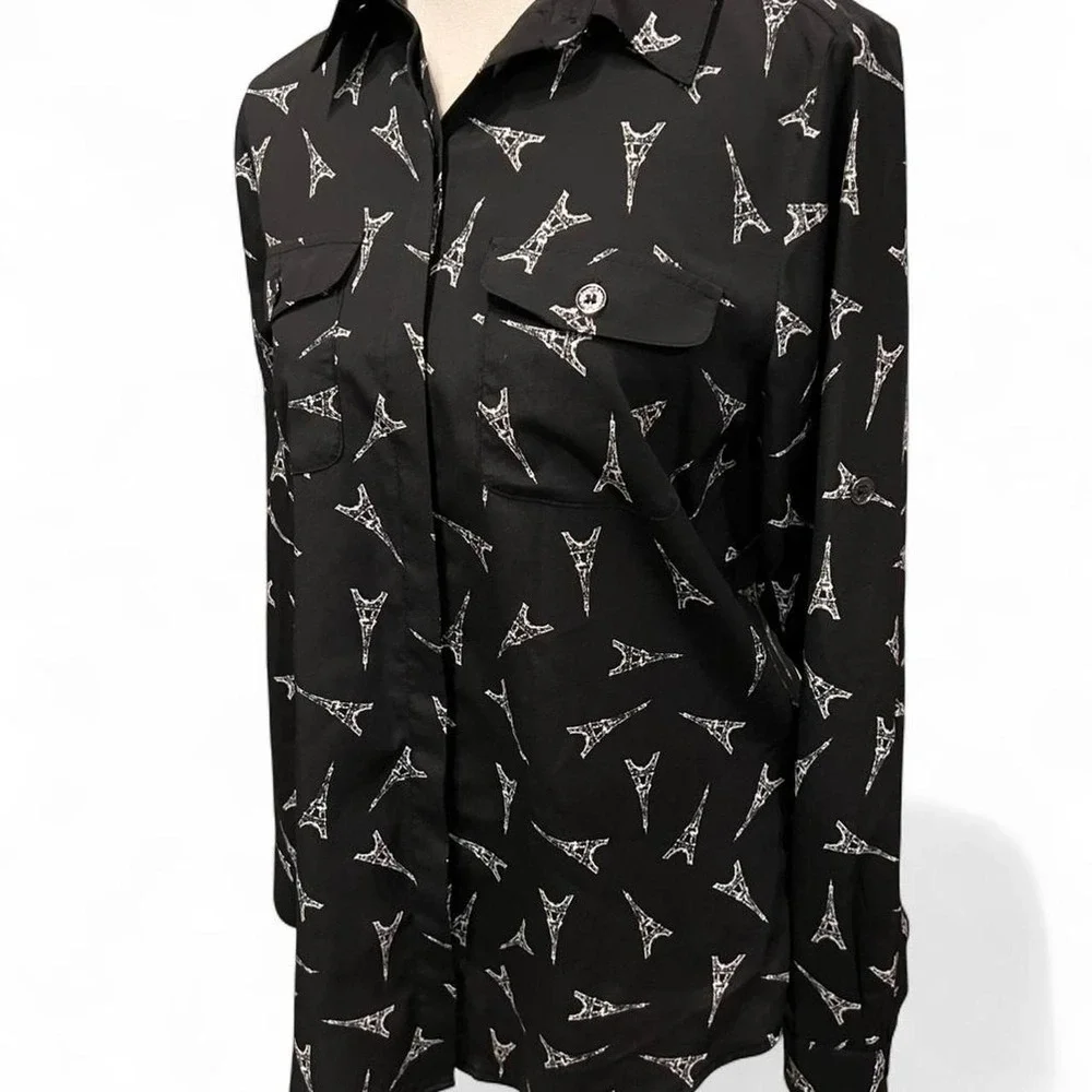 Karl Lagerfeld Eiffel Tower Black and White Button Down Shirt Women's XS - Picture 3 of 8